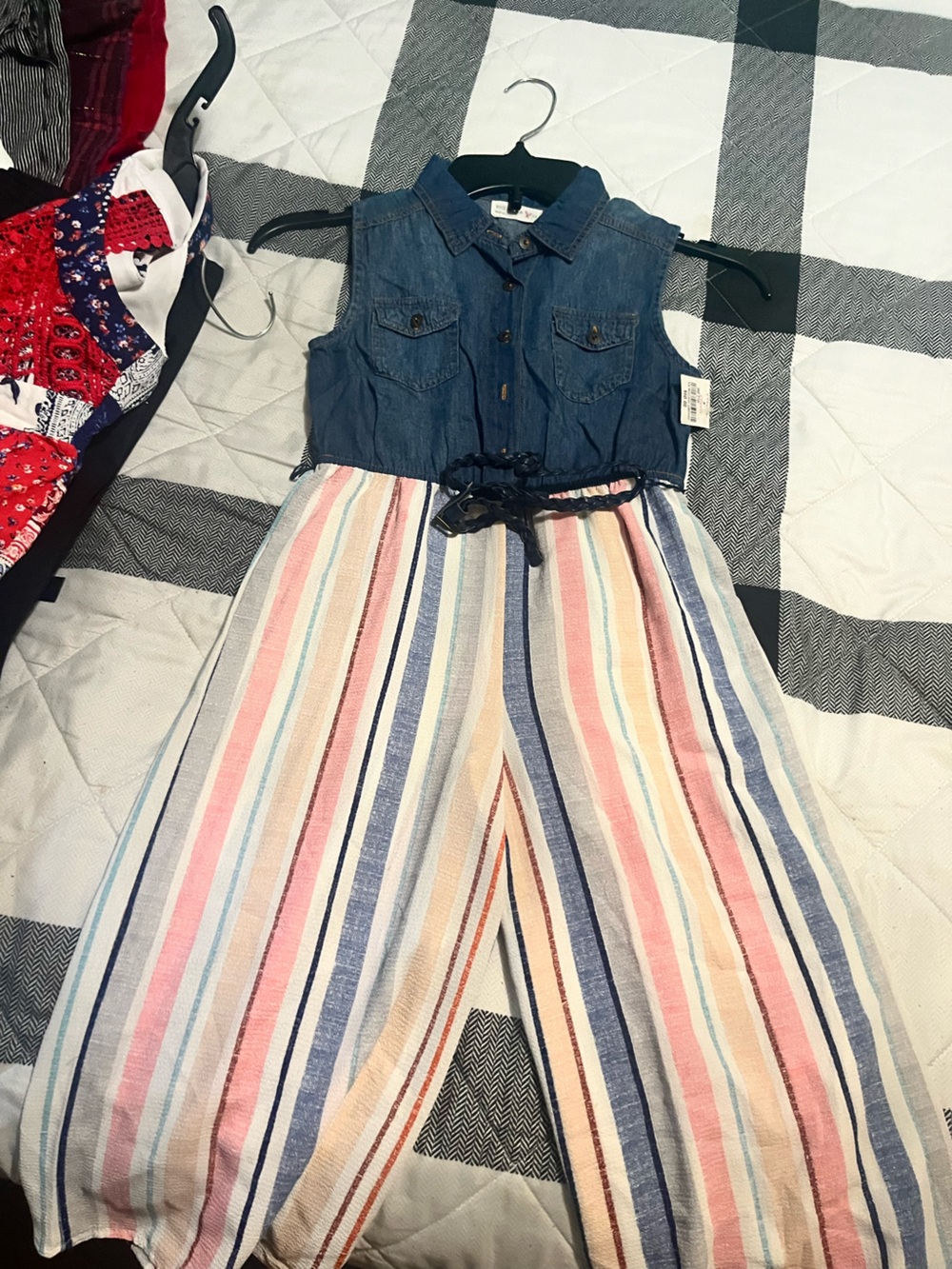 jcpenney Girls' Denim Top with Pastel Multi-Stripe pants Romper - Blue & Pink